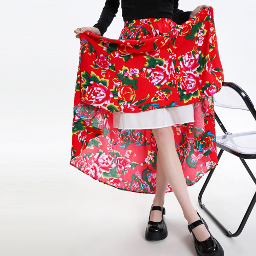 Northeast large flower high waist spring and summer long skirt for fat mm casual skirt loose and drapey slimming skirt