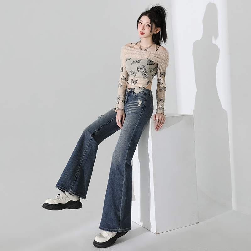 Actual shot 2024 spring new style retro washed stretch bootcut jeans for women