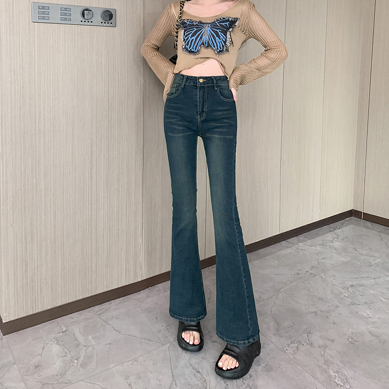實拍~水泥灰高腰微喇叭牛仔褲女2024新款春季修身馬蹄拖地褲