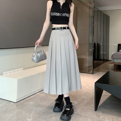 Real shot 2024 gray suit skirt small mid-length pleated skirt high waist slim drape A-line skirt