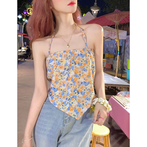 Hong Kong style floral small sling ins super hot outer wear short bellyband style halter neck tube top sweet and spicy top for women summer