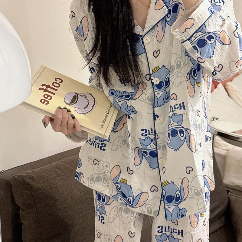 2024 Spring and Autumn Pajamas Women's Long Sleeve Cartoon Student Ins Dormitory Internet Celebrity Stitch Couple Home Clothing Set