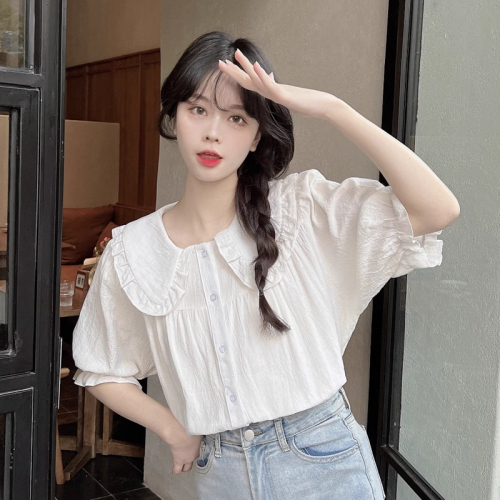 Real shot 2024 new short-sleeved shirt summer sweet doll collar white shirt women's design versatile top