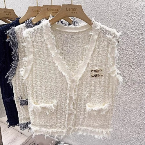 2024 V-neck tassel knitted sweater vest for women autumn design niche small fragrance vest outer sleeveless top