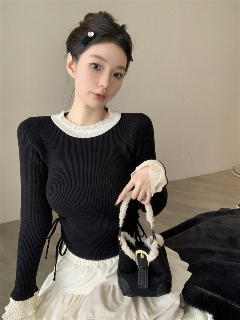 Real shot French niche stitching lace side drawstring round neck knitted base sweater