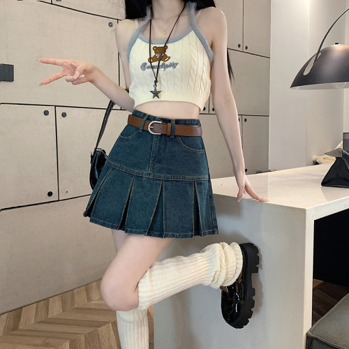 Actual shot of 2024 summer new style American retro washed denim skirt hot girl pleated skirt high waist slimming A-line skirt