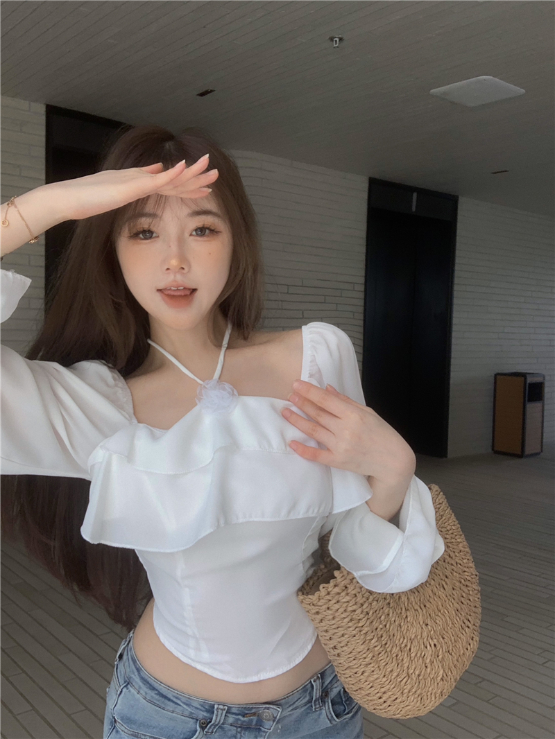 Actual shot of Fairy Halter Puff Sleeve Chiffon Long Sleeve Sunscreen Shirt