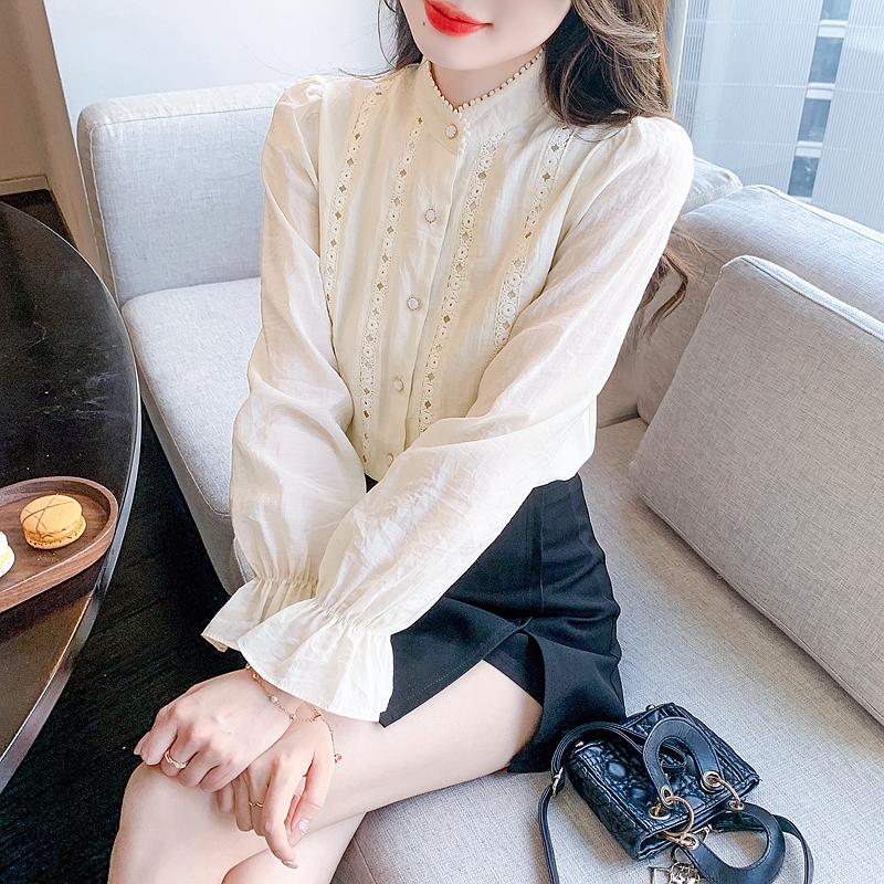 2024 early spring new French retro heavy embroidery temperament shirt lantern sleeve shirt