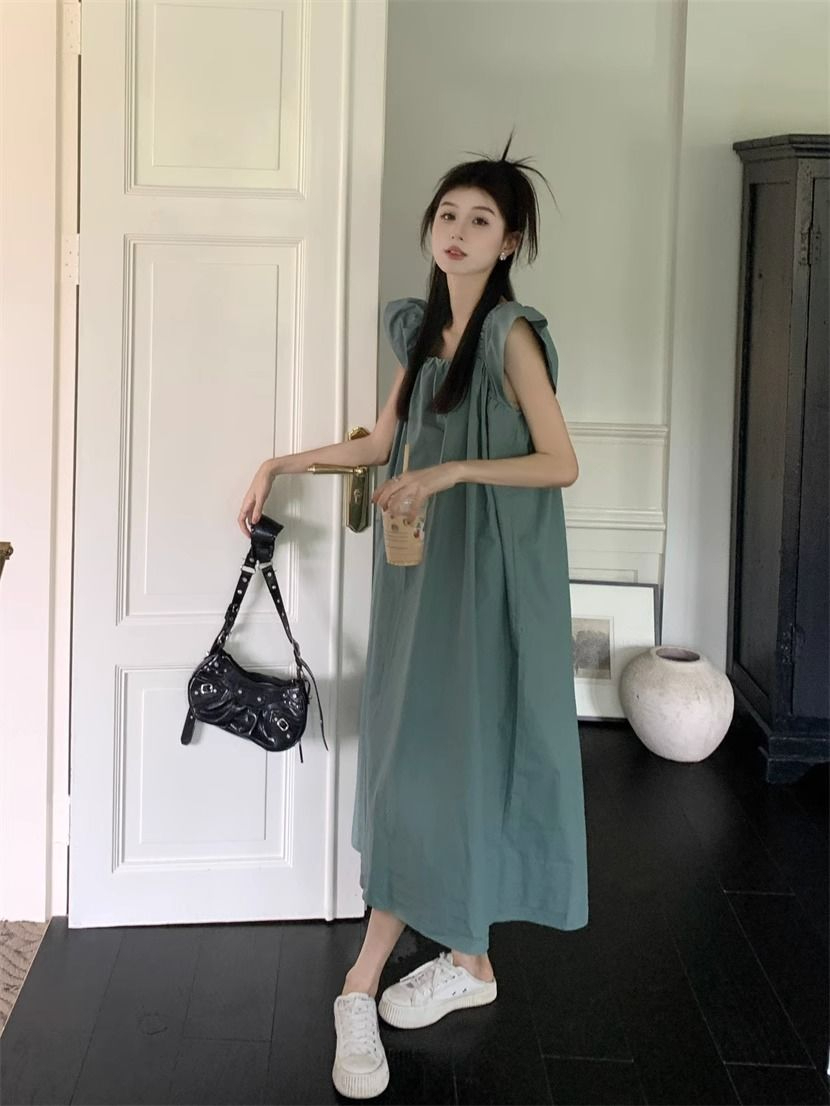 韓版飛飛袖藍色中長款連衣裙夏季新款法式寬鬆休閒小眾裙子女