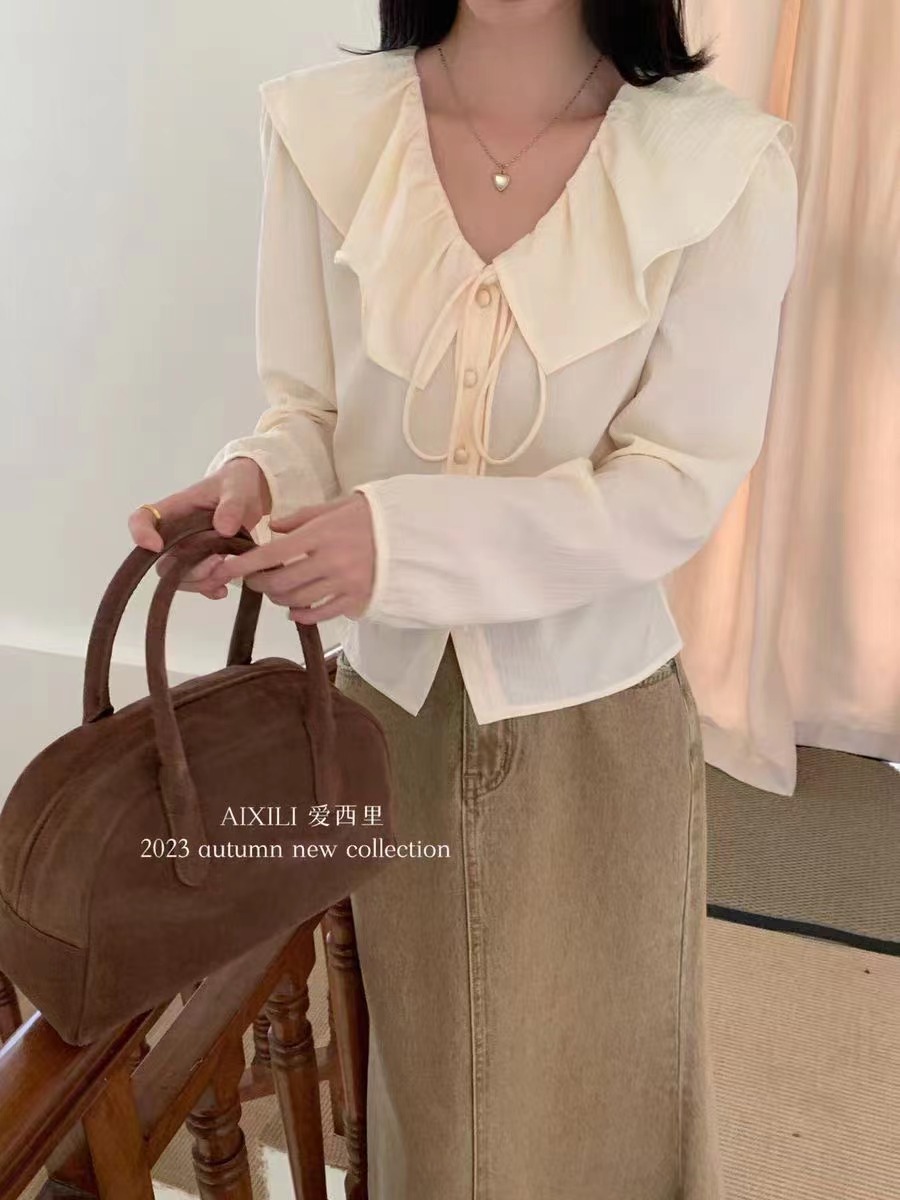 荷葉領系帶襯衫2024早春新款韓系通勤小眾褶皺設計感小衫上衣