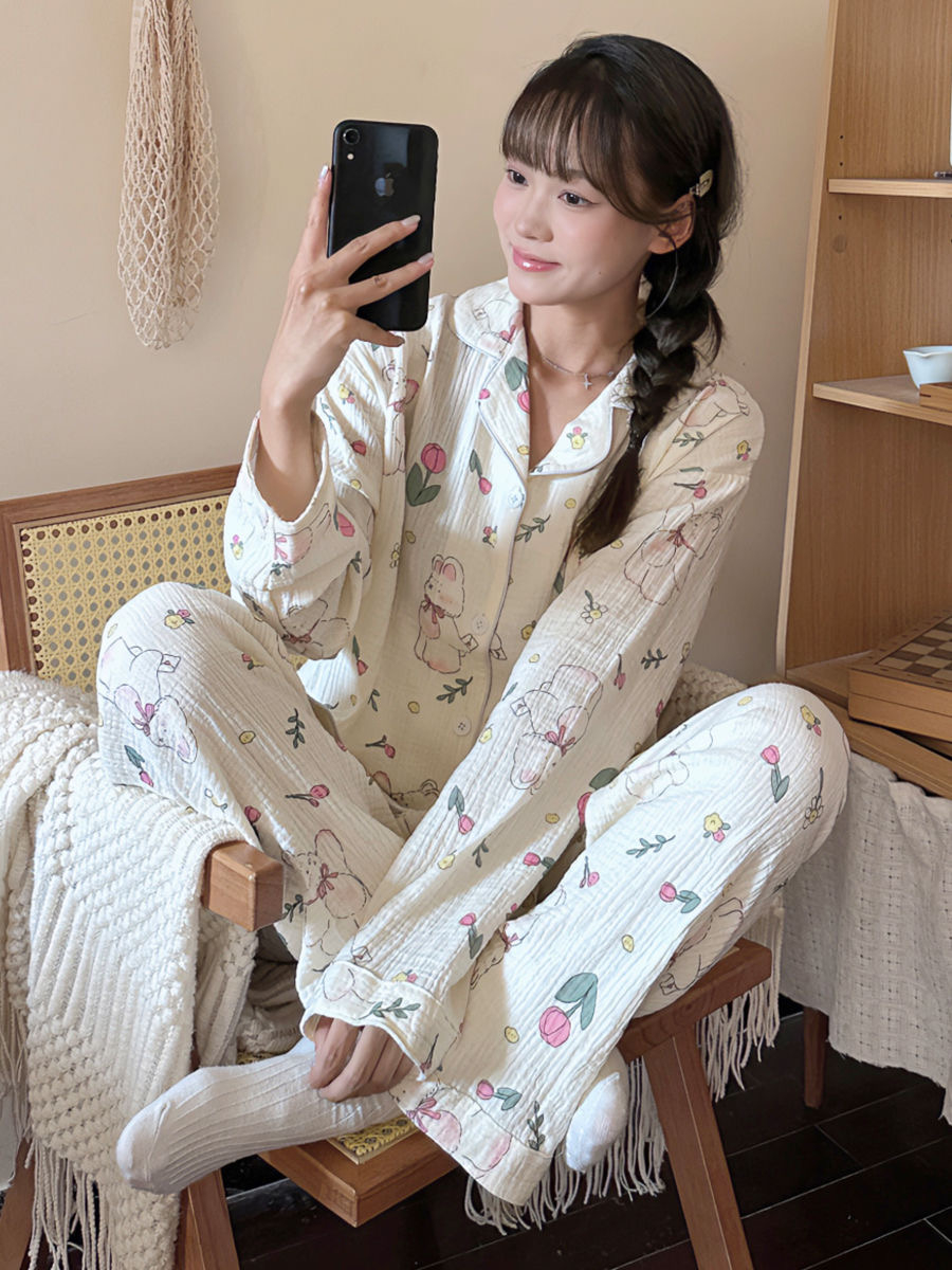 Sweet floral bunny pajamas for women spring and autumn 2024 new ins style wearable long-sleeved home clothes suit