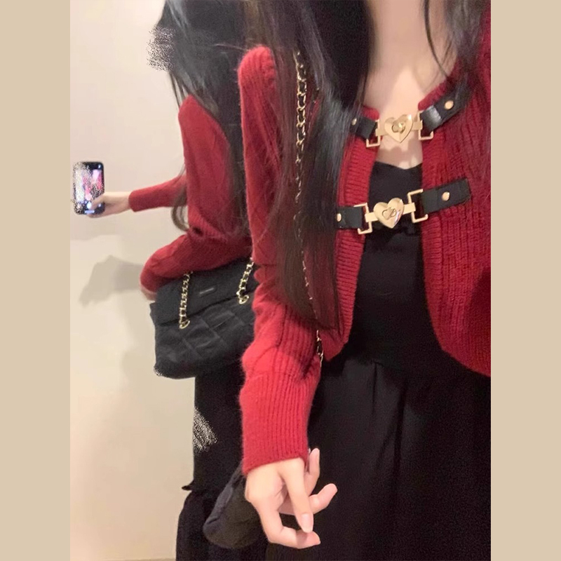 2024新款紅色毛衣吊帶連衣裙子新年過年戰袍秋冬搭配一整套拜年服