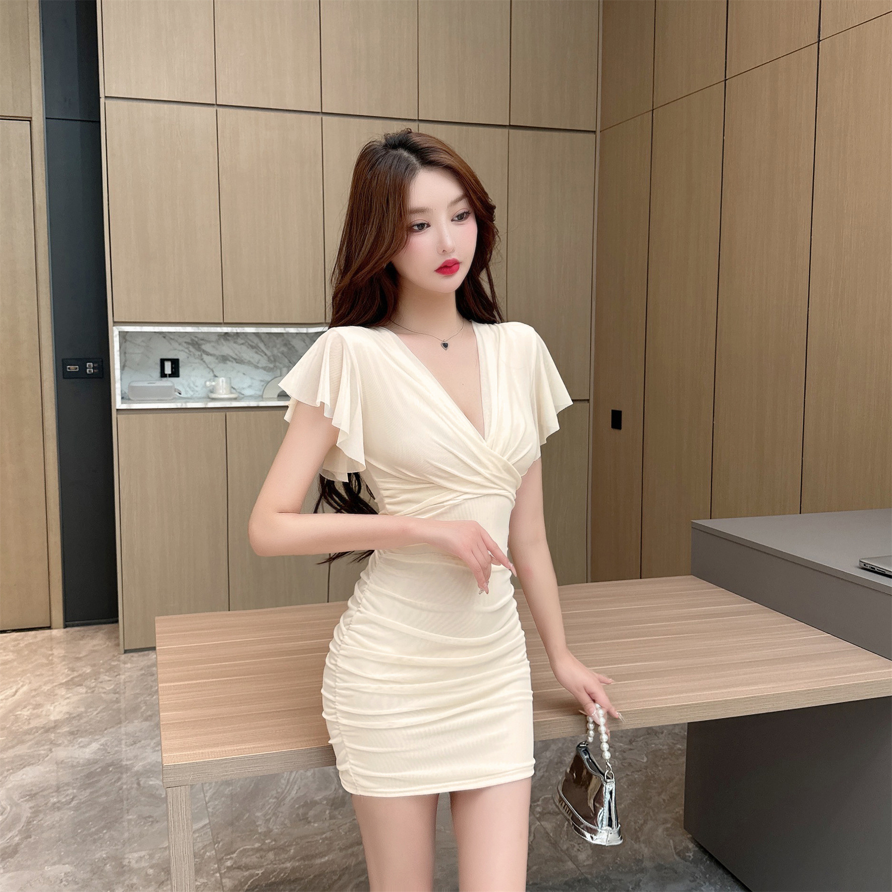Actual shot of new sexy nightclub slim fit hip-hugging pleated dress