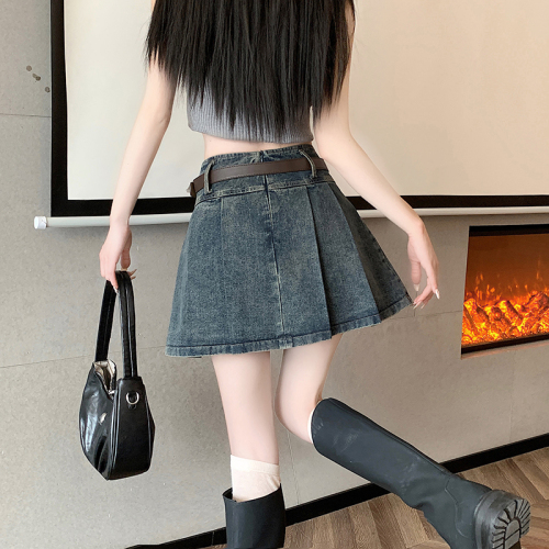 Actual shot of 2024 spring and summer new retro denim pleated skirt high-waisted slim A-line design skirt short skirt