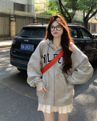 Actual shot of a petite gray hooded sweatshirt with zipper drawstring and letter print loose casual cardigan sweatshirt