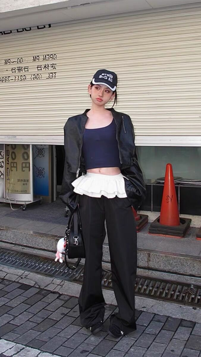 1431# Puff skirt stitched with lace black wide-leg pants for women spring autumn winter 2024 new straight casual sports pants