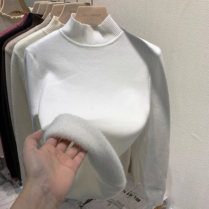 Plush mink velvet half-turtleneck sweater for women in autumn and winter new thickened warm top all-in-one velvet bottoming shirt for trendy inner wear