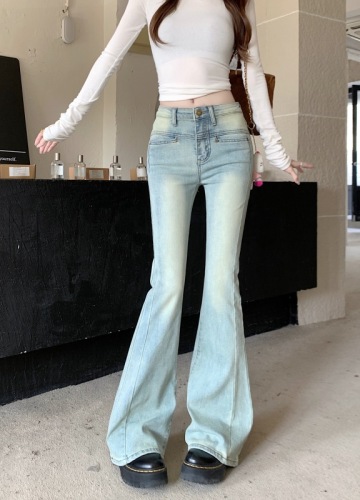 Actual shot~Light-colored high-waisted denim bell-bottom pants for women in spring, slim stretchy slim-fit boot-cut pants