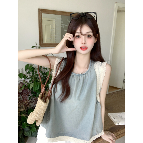 Real shot of lace stitching denim shirt for women spring new design retro loose slimming chic French top