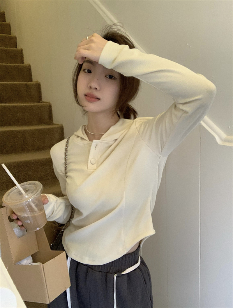 Actual shot ~ The beginning of the dream ~ Early spring niche slim-fitting right shoulder hooded pullover long-sleeved bottoming shirt