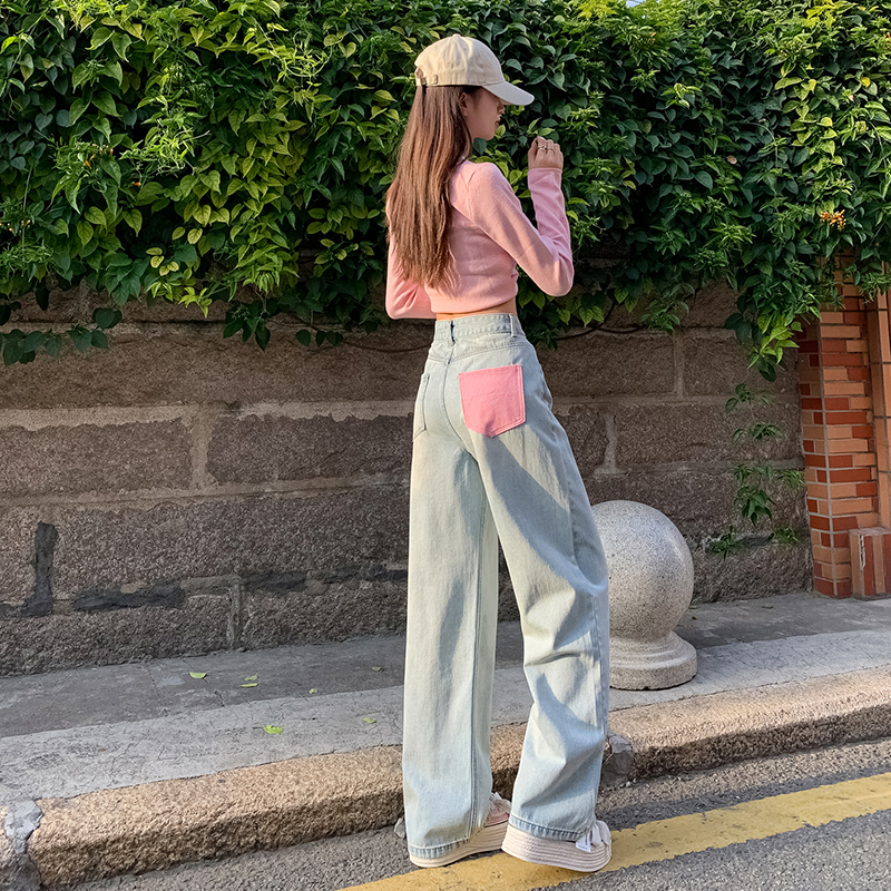 Actual shot of 2024 early spring narrow wide-leg jeans for women, high-waisted and slim straight-leg pants for small people
