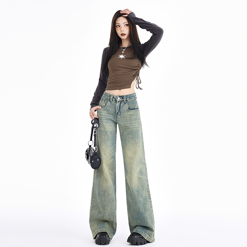 Actual shot of 2024 early spring American retro square pocket jeans hottie straight-leg floor mopping pants