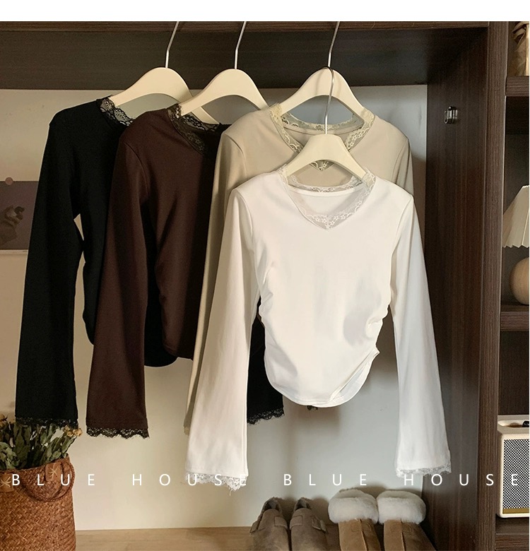 Pure desire sweet hottie sexy v-neck top women 2024 spring new lace bottoming shirt small fragrance style inner T-shirt