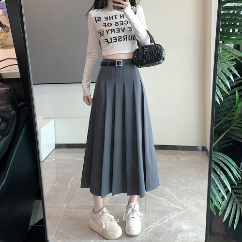 Real shot 2024 gray suit skirt small mid-length pleated skirt high waist slim drape A-line skirt