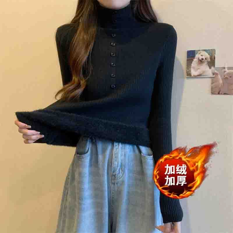 秋冬加絨毛衣女加厚一體絨內搭半高領打底衫套頭洋氣針織保暖上衣