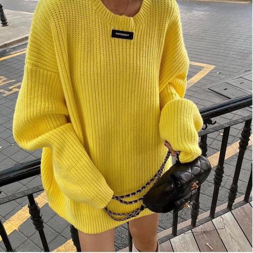 Autumn and winter new Internet celebrity pullover sweater women's thickened round neck label lazy style mid-length sweater top