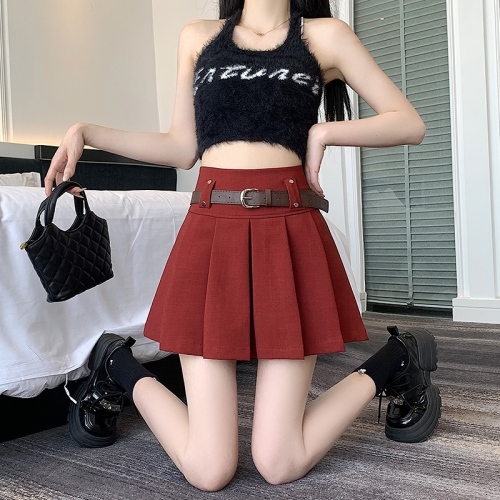 Real shot of college style high-waisted pleated skirt for women spring 2024 new versatile slimming and anti-exposure A-line skirt