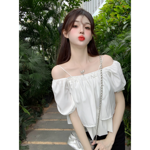 Real shot of one-shoulder suspender puff-sleeved babydoll shirt for women 2024 new style chic square collar short-sleeved shirt and top