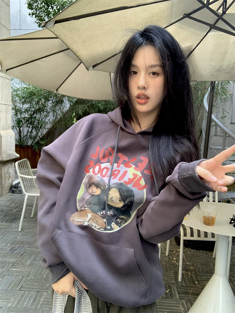 Real shot Lazy Qinglu hooded off-shoulder sweatshirt for women 2024 niche American retro loose top jacket