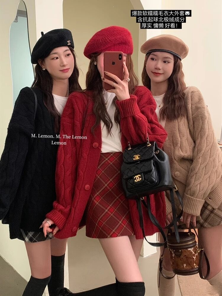 Korean style lazy style twist knitted jacket for women autumn and winter V-neck long-sleeved solid color sweater cardigan for women