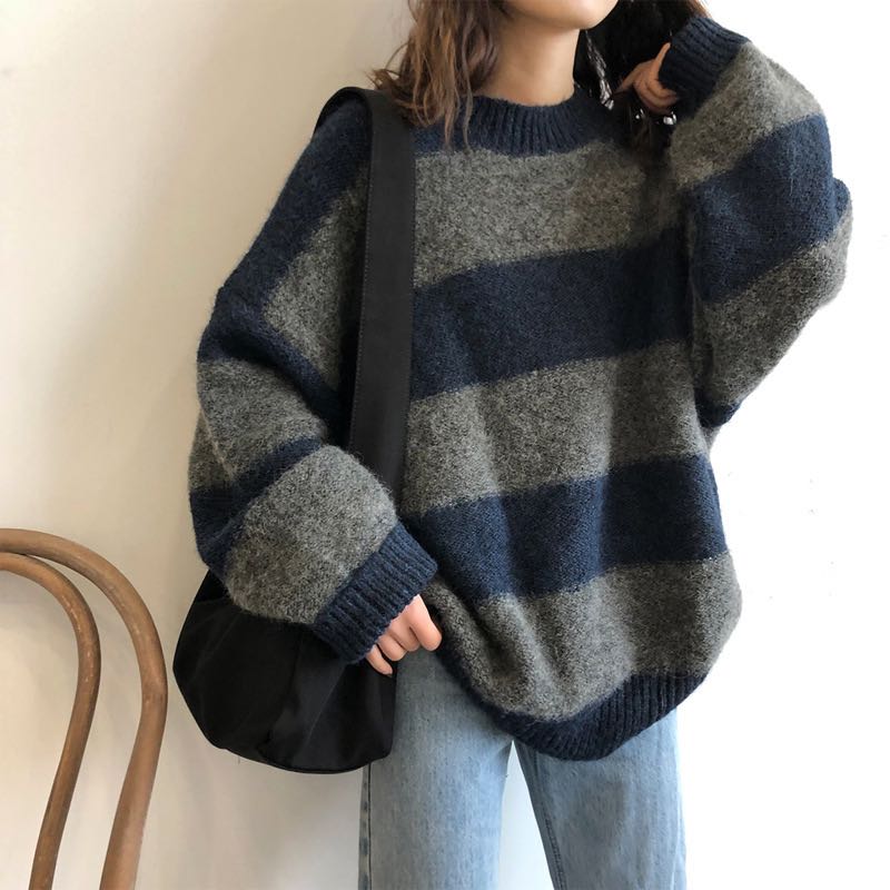 Spring super stylish loose thickened slimming color block striped lazy sweater