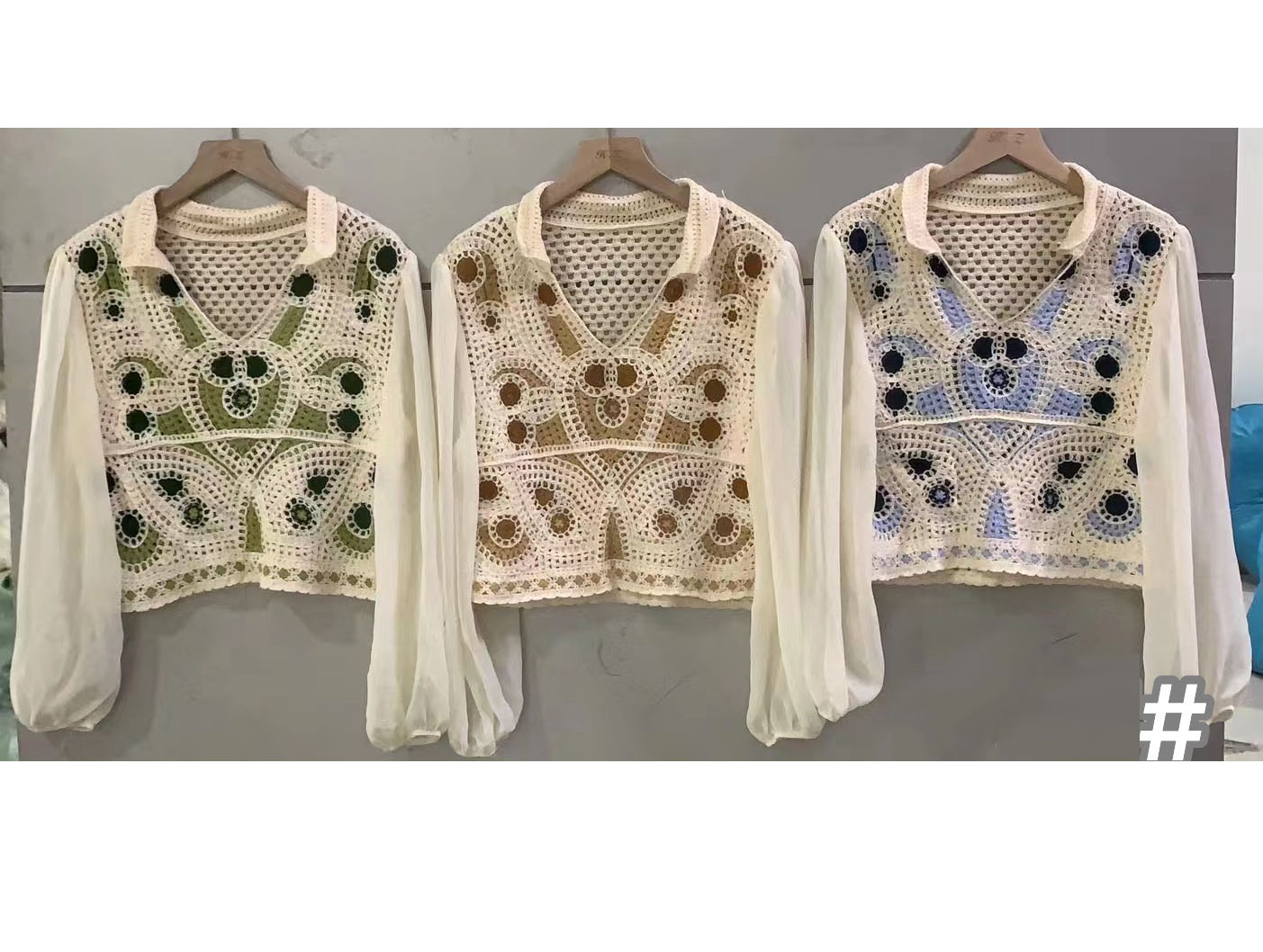 New spring and autumn chic crochet top, unique and chic, super good-looking, age-reducing chiffon sleeve spliced ​​summer sun protection top