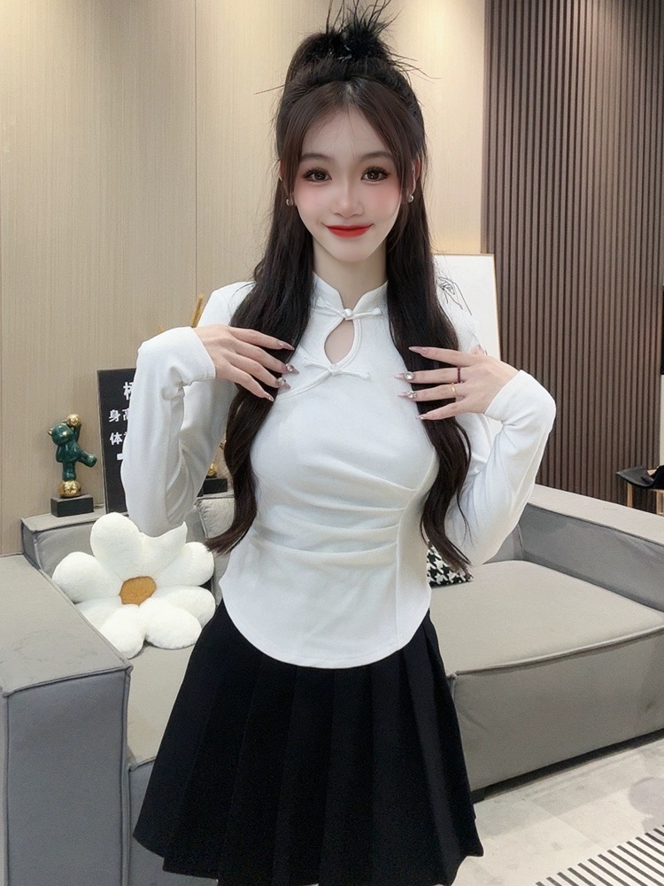 New Chinese style stand collar national style black bottoming shirt for women autumn and winter high-end niche design with early spring new top