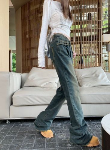 Real shot American retro raw edge denim trousers wide leg pants for women