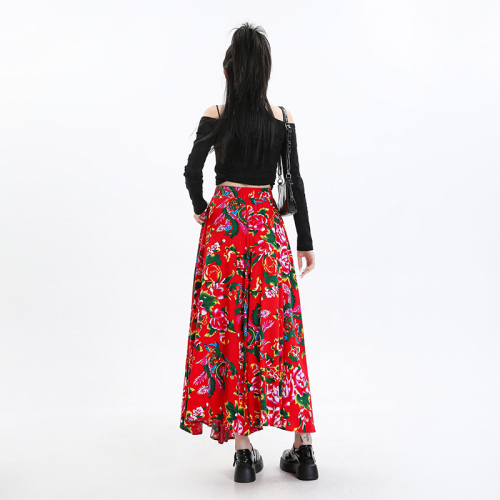 Northeast large flower high waist spring and summer long skirt for fat mm casual skirt loose and drapey slimming skirt