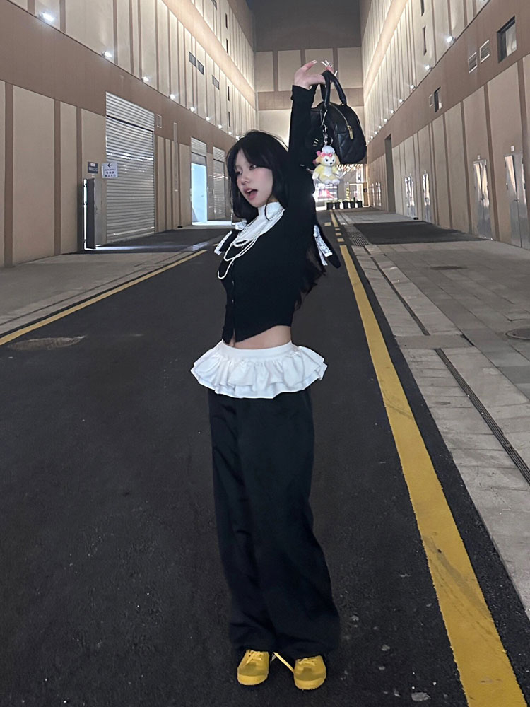 1431# Puff skirt stitched with lace black wide-leg pants for women spring autumn winter 2024 new straight casual sports pants