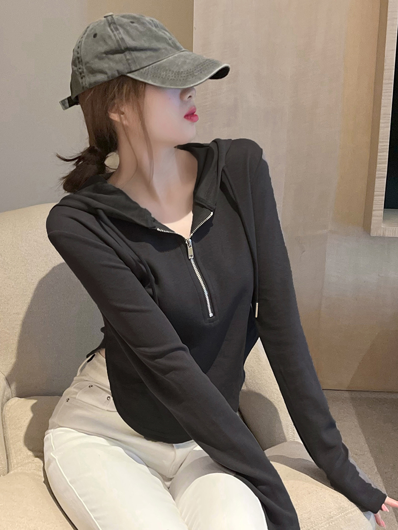 Real shot long-sleeved hooded sweatshirt women's slim zipper irregular top coat t-shirt