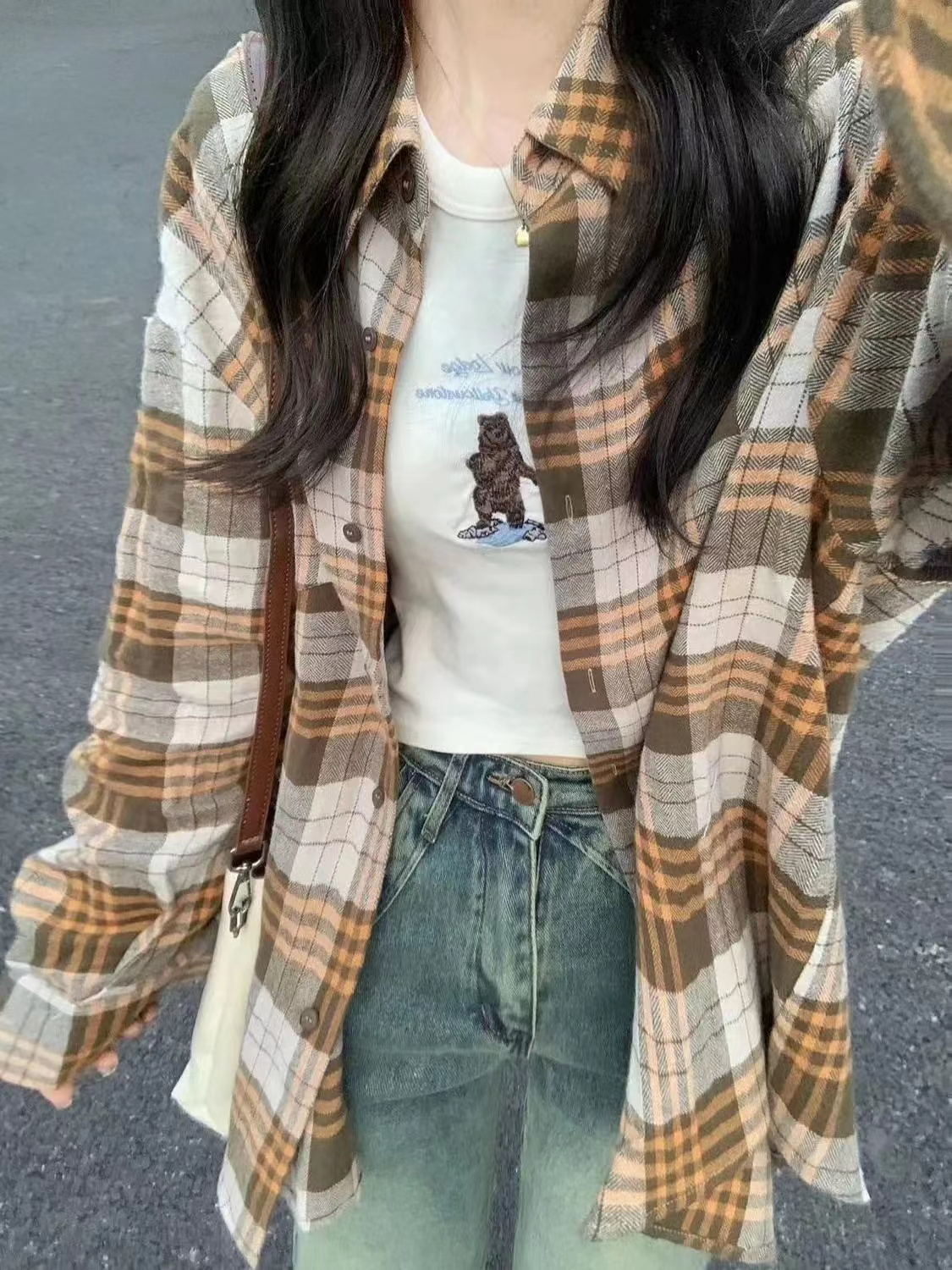 Khaki plaid shirt jacket for women 2024 versatile autumn and winter Korean style lazy style long-sleeved shirt for women