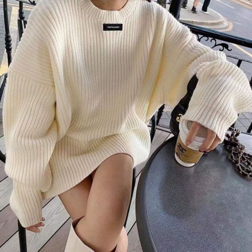 Autumn and winter new Internet celebrity pullover sweater women's thickened round neck label lazy style mid-length sweater top