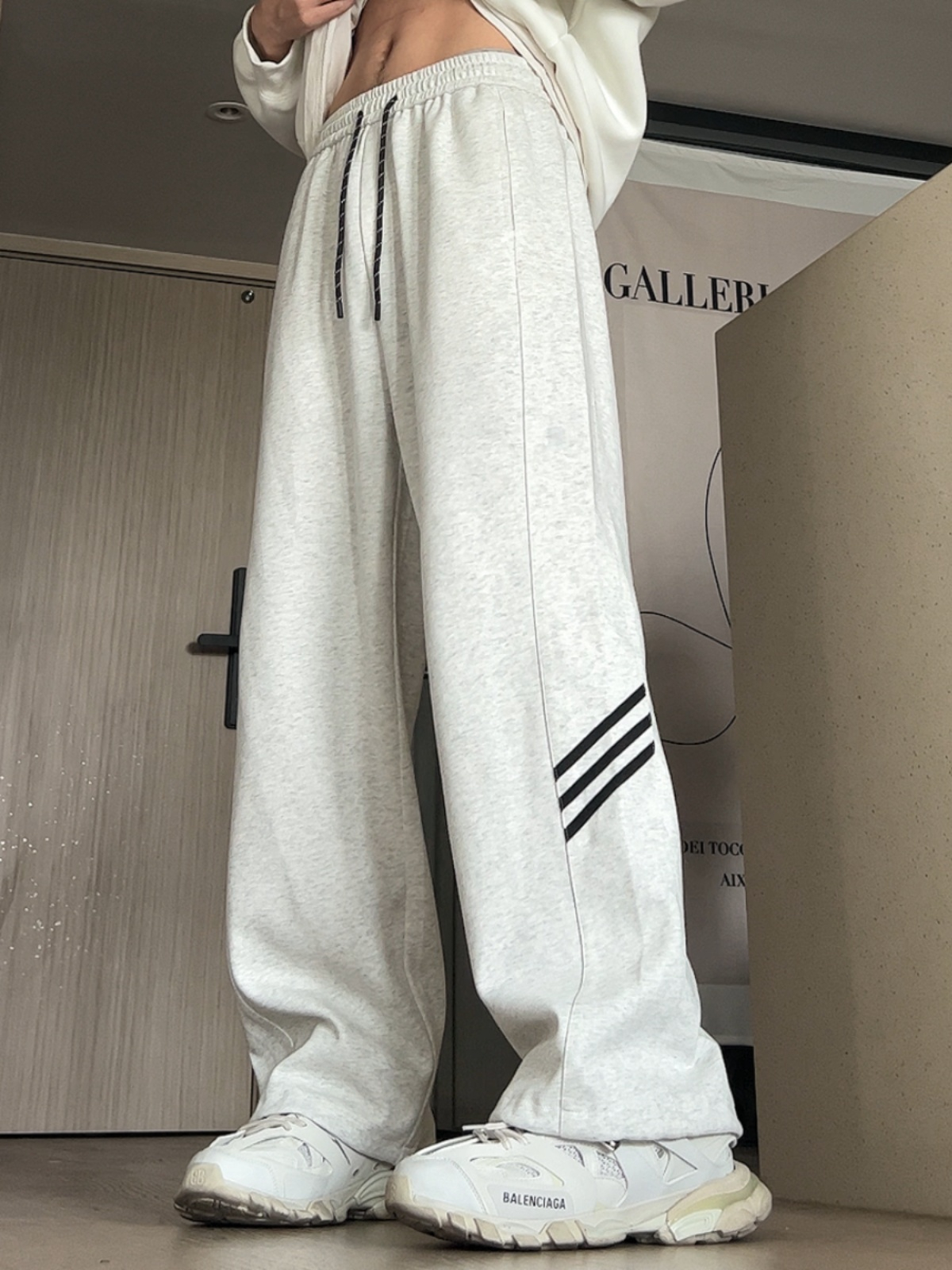 華棉複合牛奶絲美式復古條紋衛褲女寬鬆直筒垂休閒運動褲子