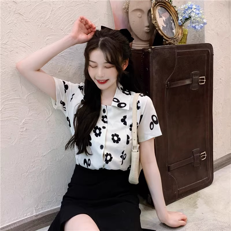 Real shot Design niche floral chiffon short-sleeved shirt women's summer thin 2024 new top