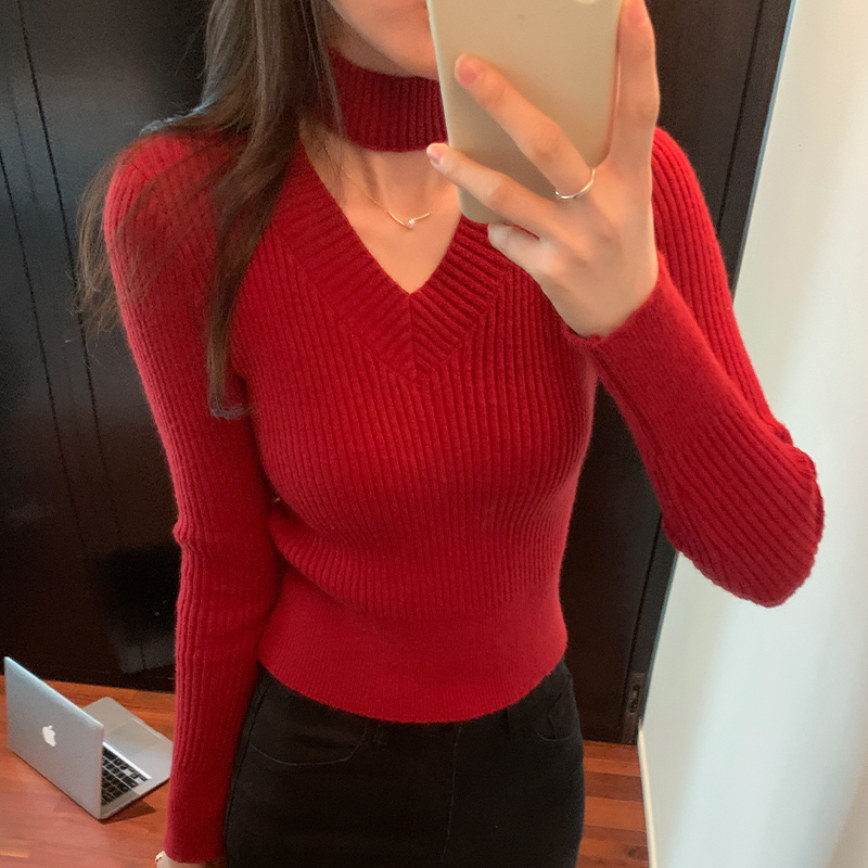 實拍圖復古酒紅色掛脖V領鏤空針織衫女秋冬年新款毛織上衣