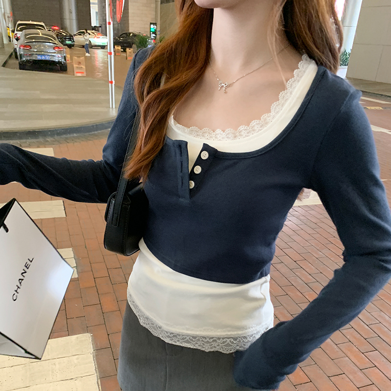Actual pictures of contrasting color lace fake two-piece splicing slim long-sleeved T-shirt women's autumn and winter new bottoming shirt