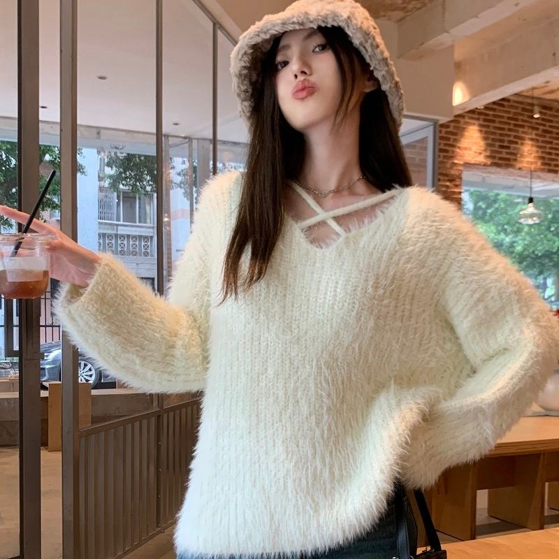 白色水貂絨毛衣女秋冬款新款設計感小眾寬鬆慵懶風內搭針織衫