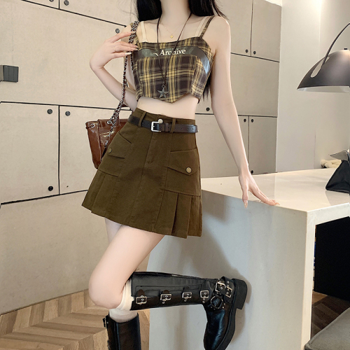 Actual shot of 2024 new summer style American retro hottie workwear pleated skirt high waist slim versatile A-line skirt