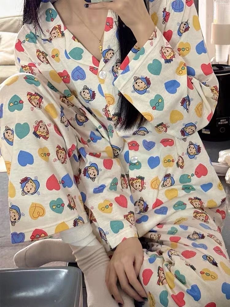 Cute peach heart pajamas for women spring and autumn long-sleeved Japanese ins students new sweet suit home clothes can be worn outside
